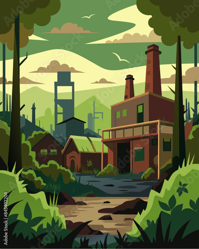 Overgrown and dilapidated buildings of an industrial park indicating the abandonment of businesses and the economic decline of the area.. Vector illustration