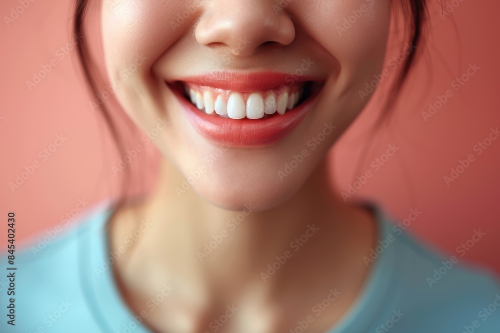 Obraz premium Close-up of a woman's lower face blurred for anonymity, wearing a blue shirt against a red background