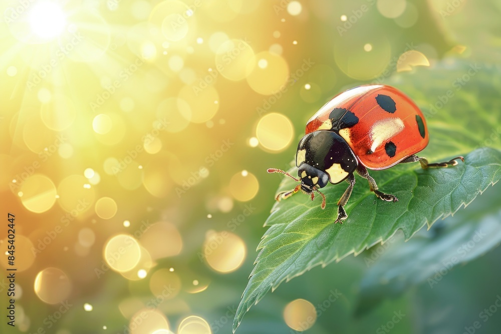 Obraz premium Close-up of a bright red ladybug with detailed spots on a leaf with morning dew reflecting light