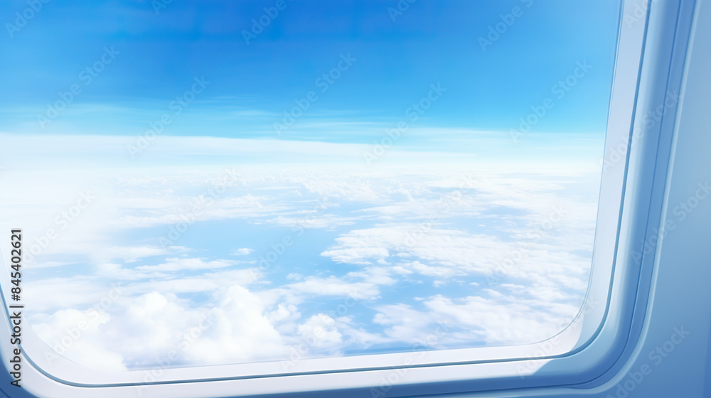 A plane window isolated against a background featuring a blue sky and wing A plane window isolated against a background featuring a blue sky and wing