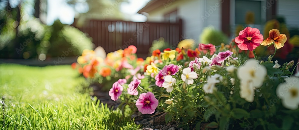 flowers in the flower bed in front of the house yard decoration selective focus. Creative banner. Copyspace image flowers in the flower bed in front of the house yard decoration selective focus. Creative banner. Copyspace image