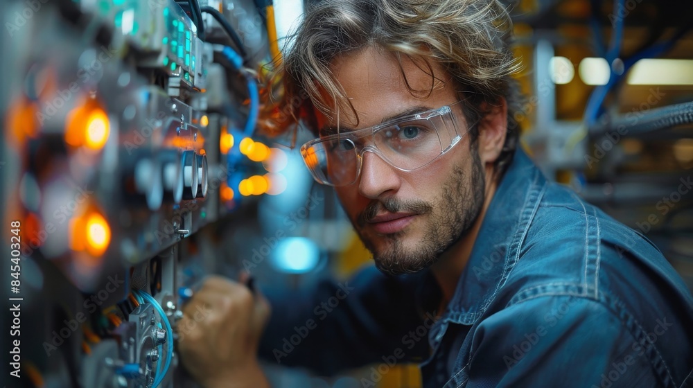 A focused technician with safety goggles inspecting or repairing sophisticated equipment in an industrial environment A focused technician with safety goggles inspecting or repairing sophisticated equipment in an industrial environment
