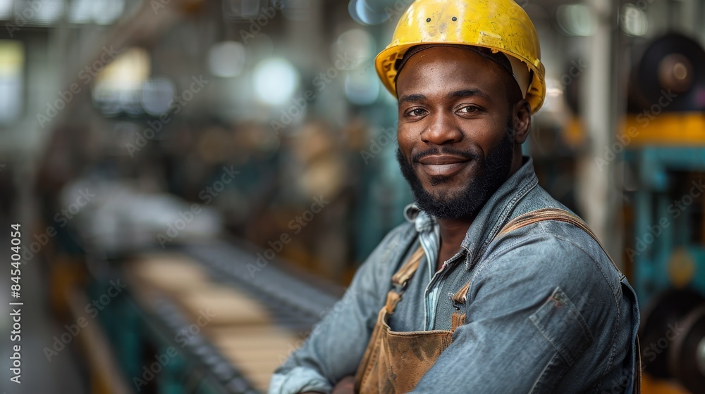 A male worker is smiling confidently in an industrial setting, wearing a safety helmet and work attire A male worker is smiling confidently in an industrial setting, wearing a safety helmet and work attire