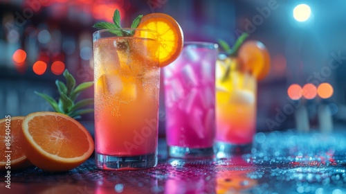 An enticing lineup of colorful gradient cocktails garnished with orange slices and mint leaves, reflecting on a wet bar surface