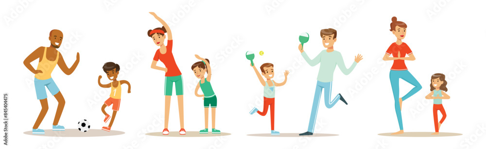 Parent and Child Doing Sportive Physical Exercise and Training Together Vector Set Parent and Child Doing Sportive Physical Exercise and Training Together Vector Set