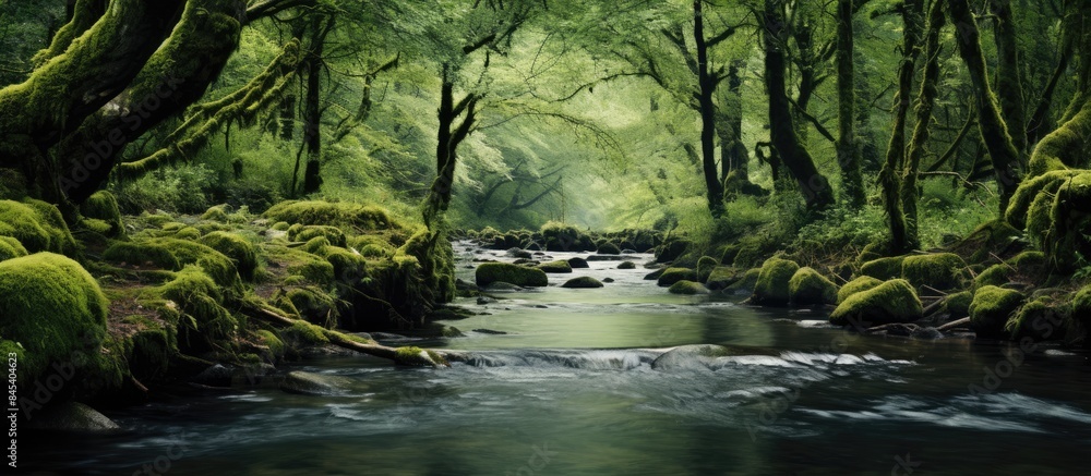 mossy trees with a river in the middle of a forest. Creative banner. Copyspace image mossy trees with a river in the middle of a forest. Creative banner. Copyspace image