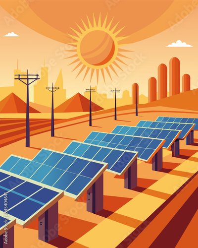 The hot desert air was filled with the hum of electricity as rows upon rows of solar panels basked in the sunlight powering nearby cities.. Vector illustration