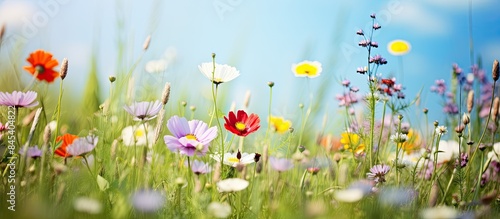 Fototapeta Naklejka Na Ścianę i Meble -  Wild flowers in a meadow in the summertime. Creative banner. Copyspace image