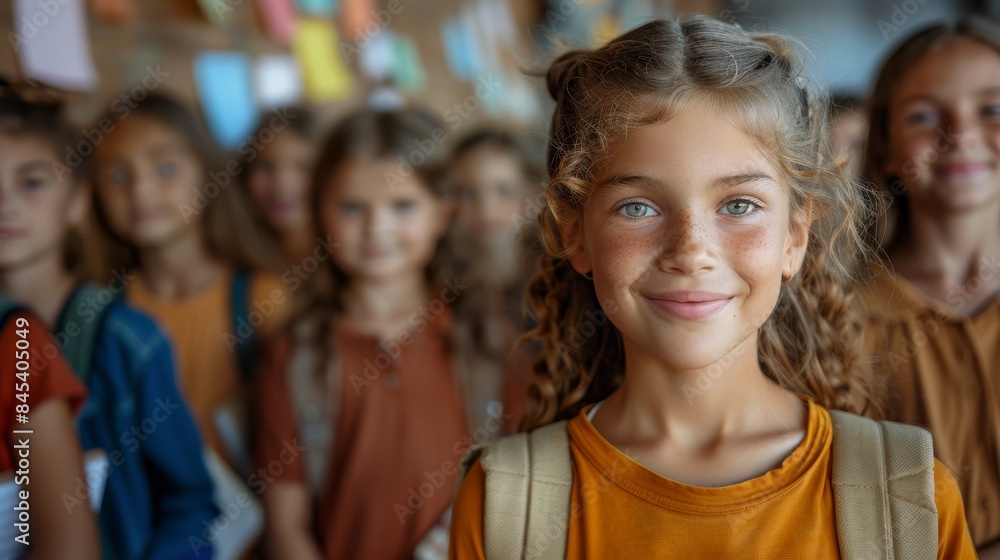 Fototapeta premium A cheerful young girl with a bright smile stands out in a group of children