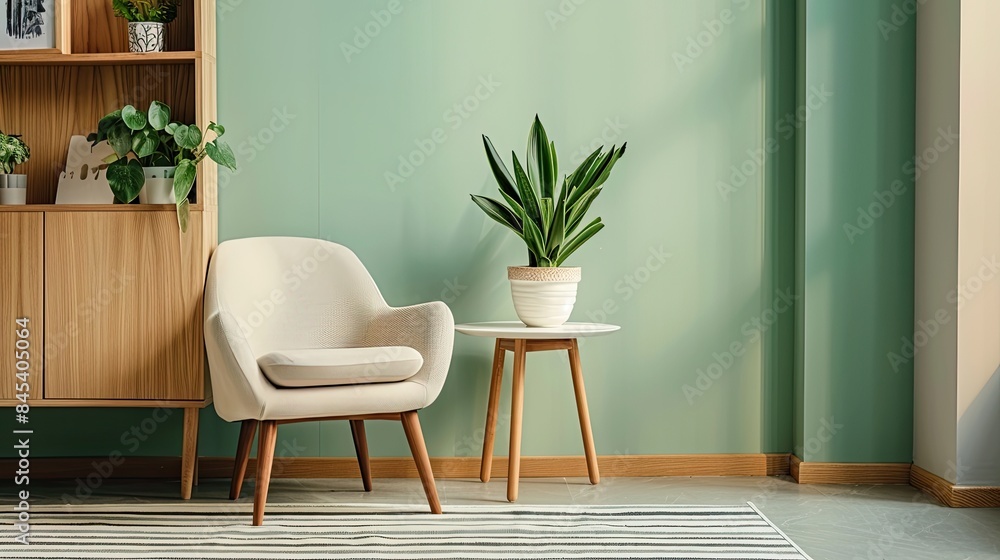 a Nordic style small balcony with green walls and a white ceiling, featuring an indoor coffee table with flowers, bamboo basket plants, a sofa chair, a wooden cabinet, and a striped carpet. a Nordic style small balcony with green walls and a white ceiling, featuring an indoor coffee table with flowers, bamboo basket plants, a sofa chair, a wooden cabinet, and a striped carpet.