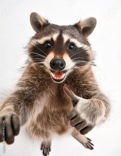 Raccoon putting is thumbs up on white background studio style portrait. © Melvillian