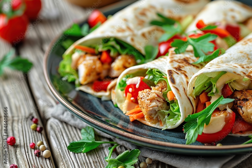 Tortilla wrap with chicken and fresh vegetables in plate on wooden table Tortilla wrap with chicken and fresh vegetables in plate on wooden table