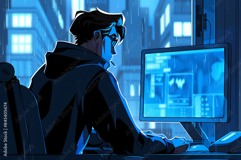 A silhouette of a hacker behind a computer, representing cybersecurity ...