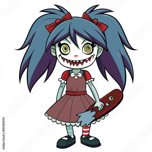 horror anime girl with a skeletal face, wearing a tattered hooded cloak, surrounded by dark shadows, holding a skateboard with glowing, cursed symbols