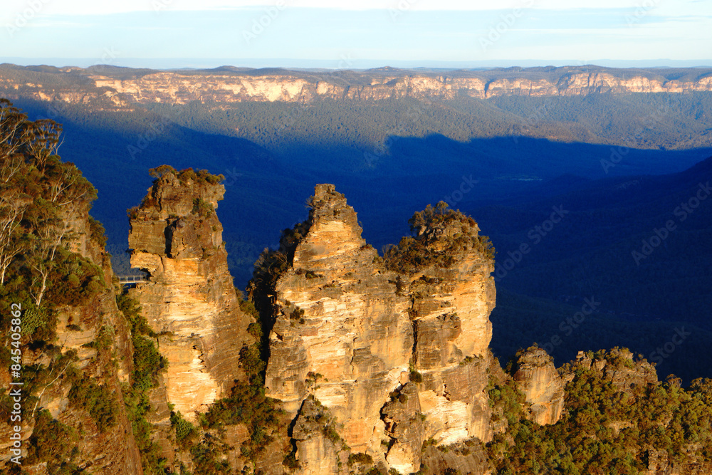 Fototapeta premium Landscape of The Three Sisters are an unusual rock formation in the Blue Mountains National Park of Katoomba , New South Wales, Australia, on the north escarpment of the Jamison Valley - Nature Track
