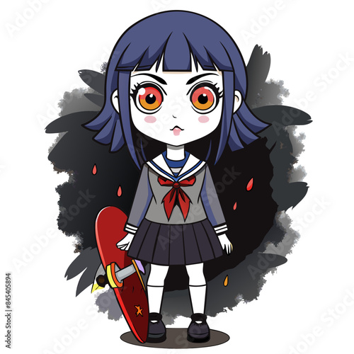 horror anime girl with a skeletal face, wearing a tattered hooded cloak, surrounded by dark shadows, holding a skateboard with glowing, cursed symbols