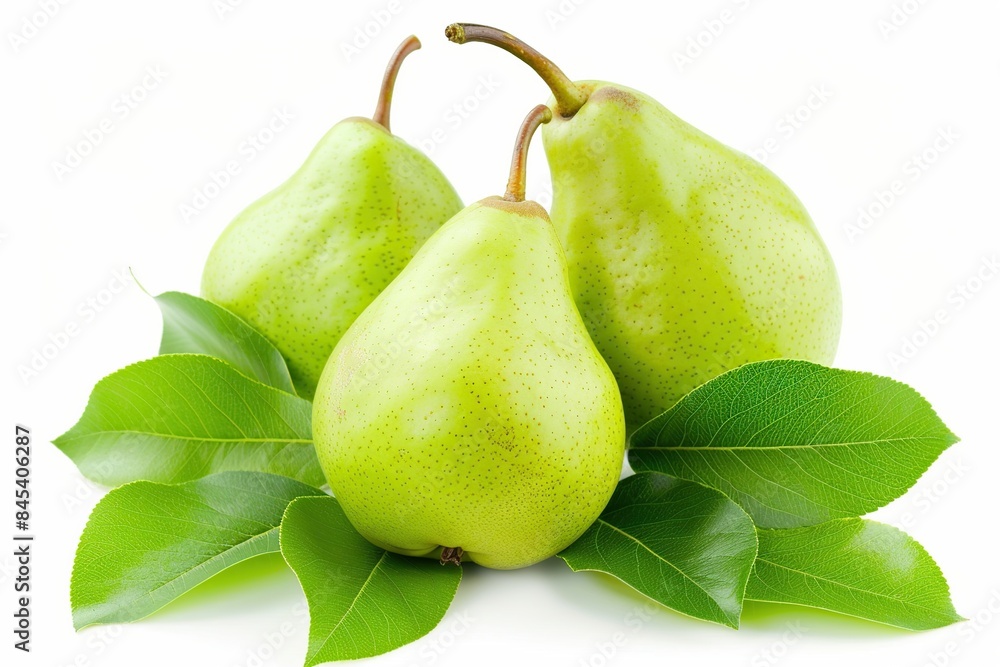 Green pears with leafs on white background Green pears with leafs on white background