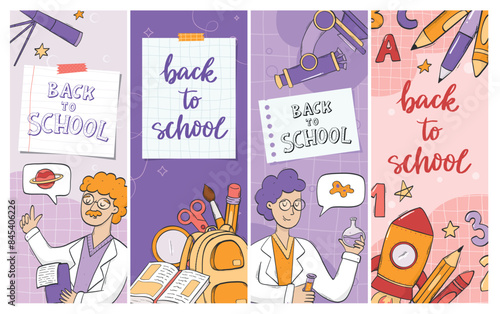 Back to school vertical banners collection with lettering quotes and doodles. Good for social media, cards, prints, invitations, templates, etc. EPS 10