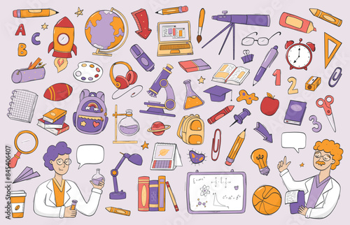 School doodles, cartoon stationary elements big collection for prints, cards, banners, signs, stickers, etc. Science, back to school theme. EPS 10