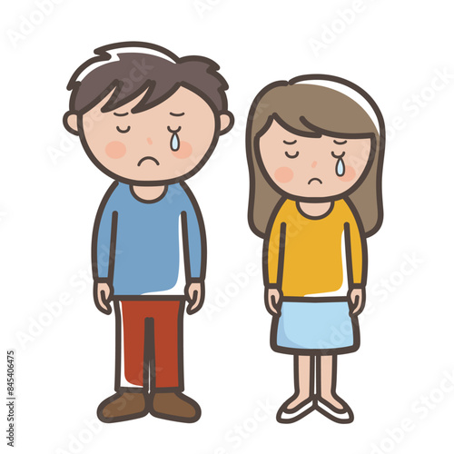 悲しくて涙する若い男女の全身イラスト
