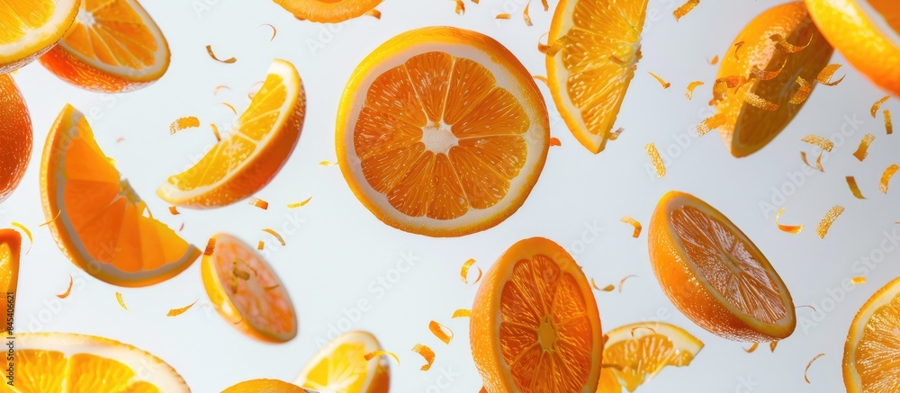 Oranges and orange slices floating in the air against a white backdrop. Oranges and orange slices floating in the air against a white backdrop.