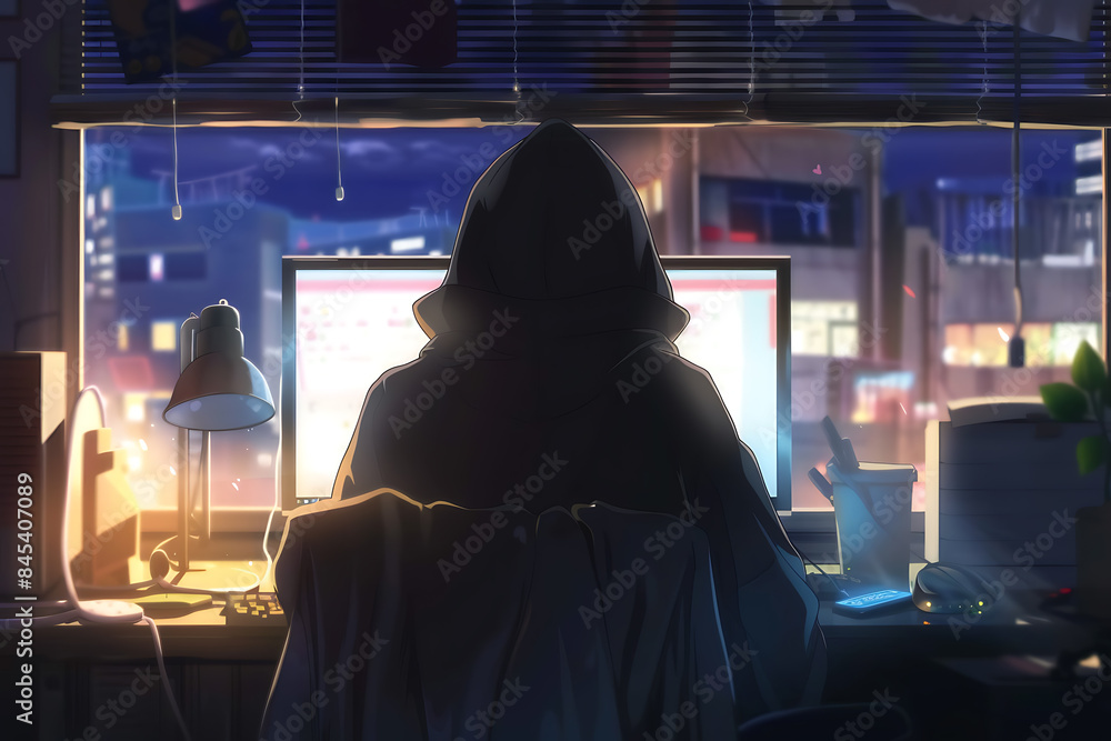 A silhouette of a hacker behind a computer, representing cybersecurity threats and digital protection in a modern and high-tech context A silhouette of a hacker behind a computer, representing cybersecurity threats and digital protection in a modern and high-tech context