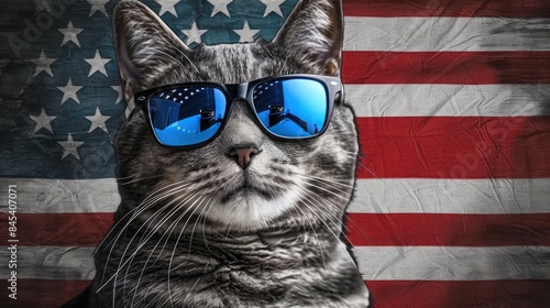 A cat wearing glasses in front of an American flag, Happy Independence day, 4th july, Memorial day photo