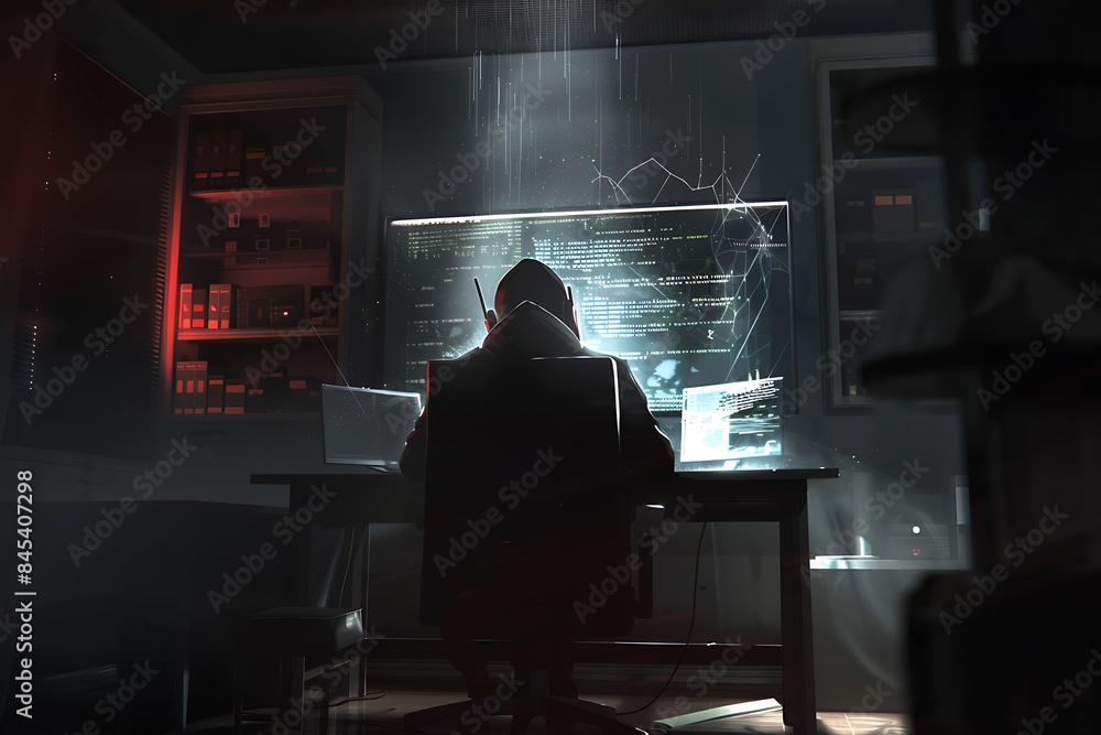 A silhouette of a hacker behind a computer, representing cybersecurity threats and digital protection in a modern and high-tech context A silhouette of a hacker behind a computer, representing cybersecurity threats and digital protection in a modern and high-tech context