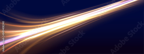Abstract image of speed motion on the road. Vector glitter light fire flare trace. Dark blue abstract background with ultraviolet neon glow, blurry light lines, waves	