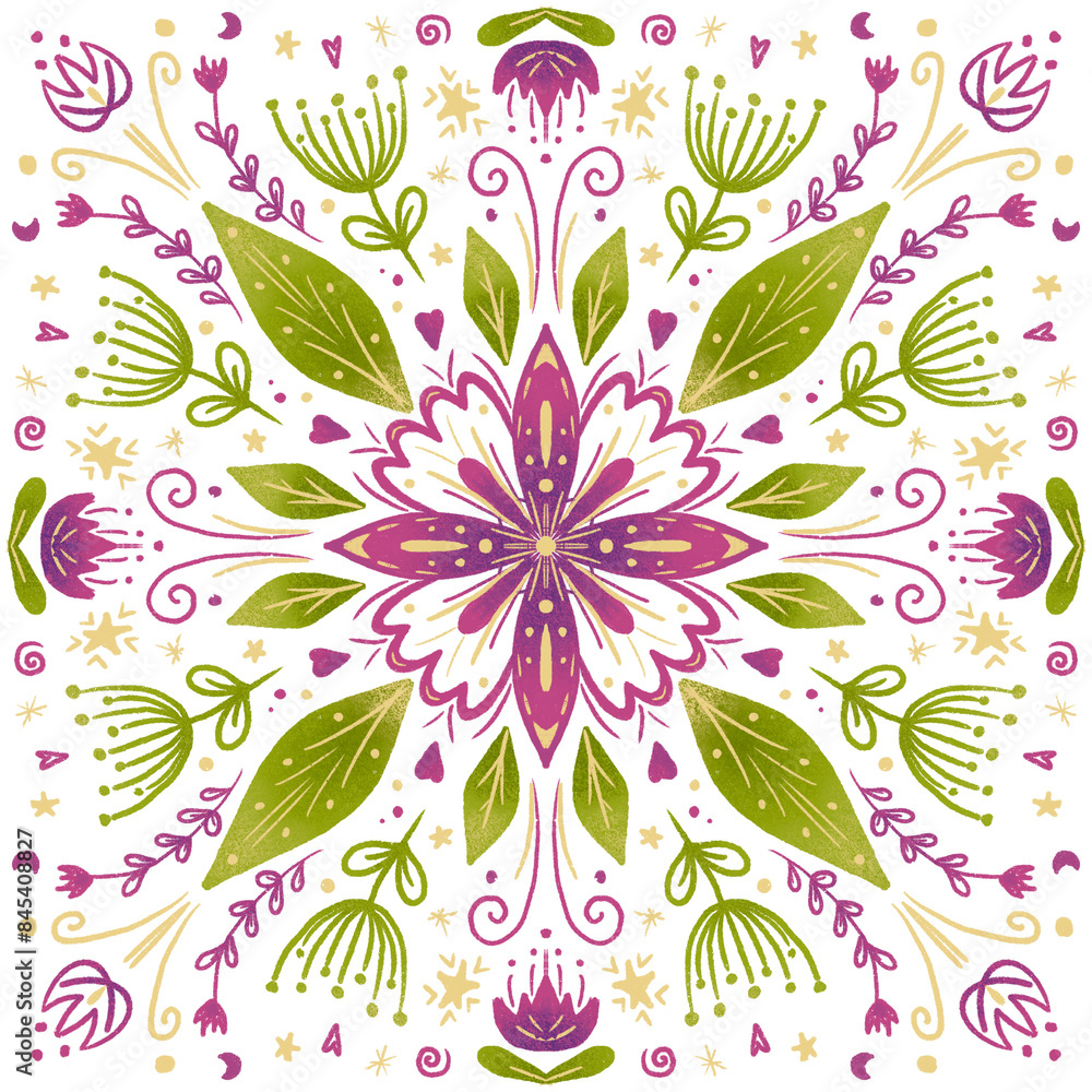 Fototapeta premium Bright floral mandala with wildflowers. Lilac flowers and bright green foliage