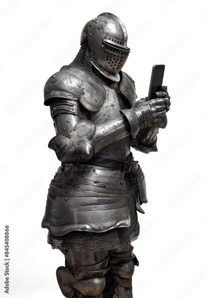 Knight in shining armor checks phone on a transparent background. Knight in shining armor checks phone on a transparent background.