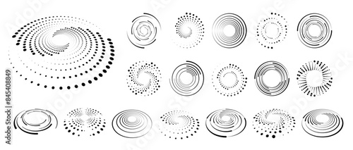 Abstract circle with lines as a spiral or propeller. Circle dotted speed lines. Abstract round halftone circle frames, rotating dotted circle shapes. Halftone circular dotted frames set.	