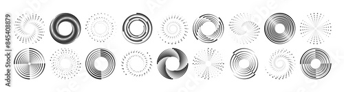 Dot circle pattern. Concentric vortex circles, circular ripple lines design. PNG. Dynamic abstract black spiral. White round dotted frames set isolated on black background.	