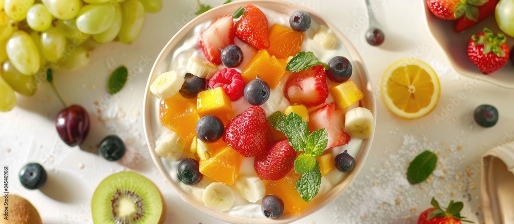 Yummy fruit salad with yogurt displayed on a neutral-colored table Yummy fruit salad with yogurt displayed on a neutral-colored table