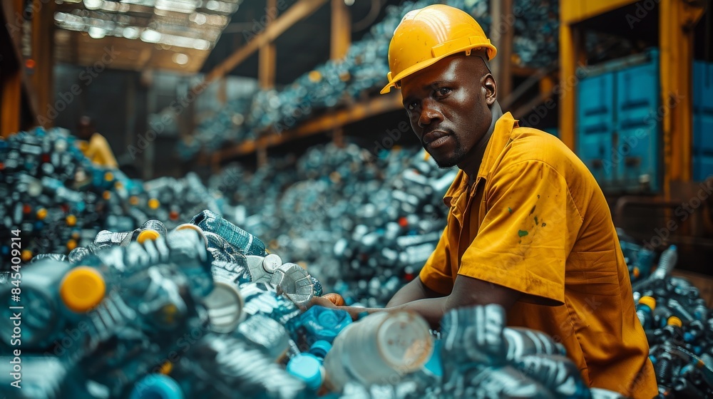 Naklejka premium A worker in yellow protective gear selectively overseeing the recycling of plastic materials in an industrial setting