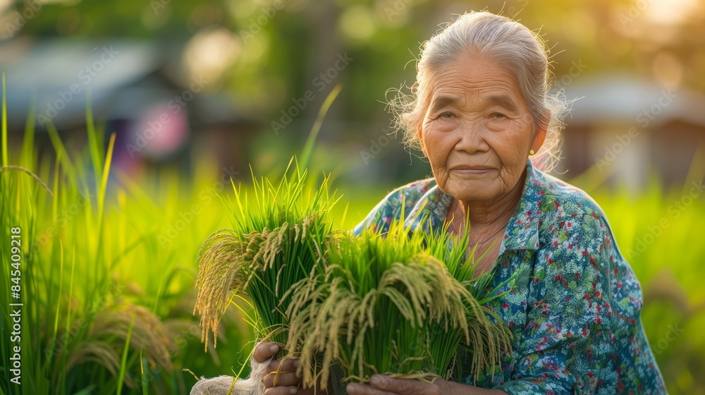 Farmer holding fresh rice plants in a paddy field. Agriculture and cultivation. Farmer holding fresh rice plants in a paddy field. Agriculture and cultivation.