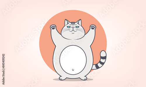 Vector simple cartoon gray fat chubby cheerful smiling cat with raised paws. Cute funny comical pet with a white belly. Graphic sticker.