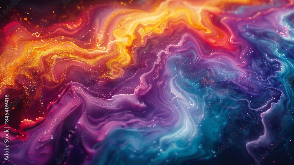 This abstract image shows flowing waves of colorful patterns with sparkly, glittery details