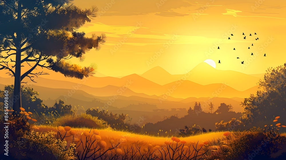Obraz premium Golden Hour Landscape Tranquil Retreat Scenery for Wellness Experiences