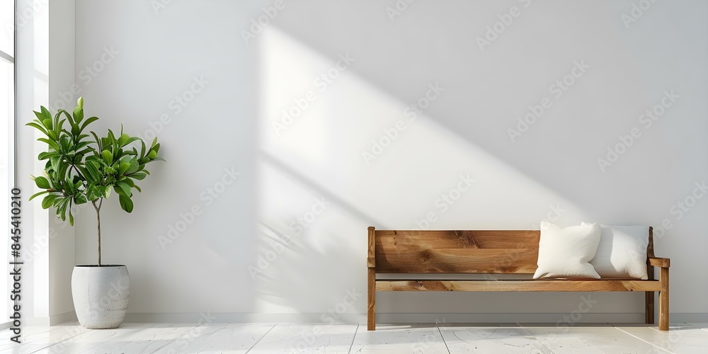 3D Rendering of a Farmhouse Entryway with Wooden Bench and White Wall. Concept 3D Rendering, Farmhouse Entryway, Wooden Bench, White Wall, Interior Design 3D Rendering of a Farmhouse Entryway with Wooden Bench and White Wall. Concept 3D Rendering, Farmhouse Entryway, Wooden Bench, White Wall, Interior Design