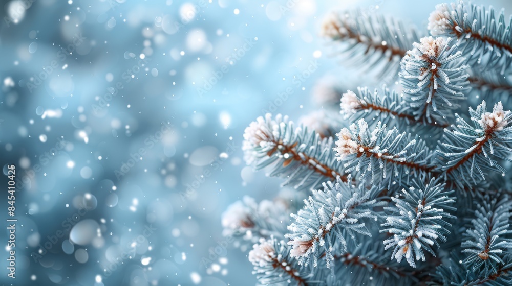 Close-up of frosted pine branches with delicate snowflakes falling softly