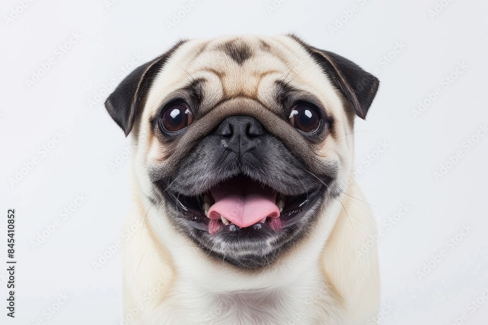 Pug with a Squished Face and a Happy Snort: A Pug with a squished face and a happy snort, radiating joy and contentment in its unique way. photo on white isolated background