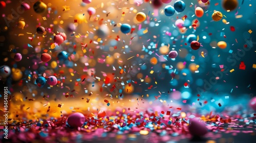 Vibrant, colored confetti and small balls soar over a reflective surface in a festive explosion