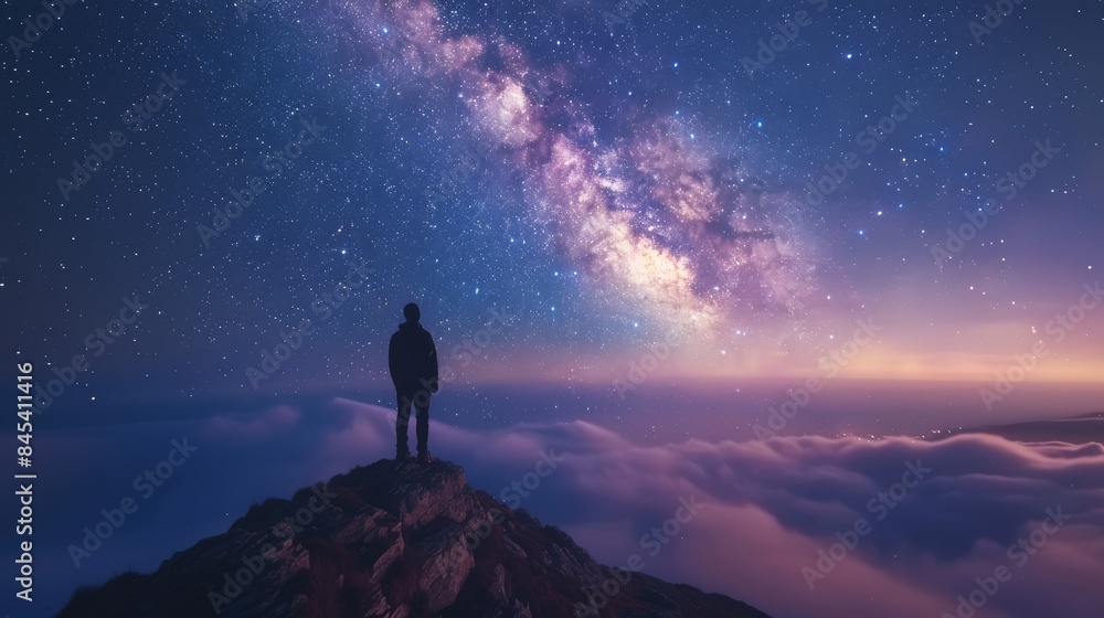 Fototapeta premium A singular figure contemplates the cosmos while standing on a mountain enveloped by a sea of clouds and stars