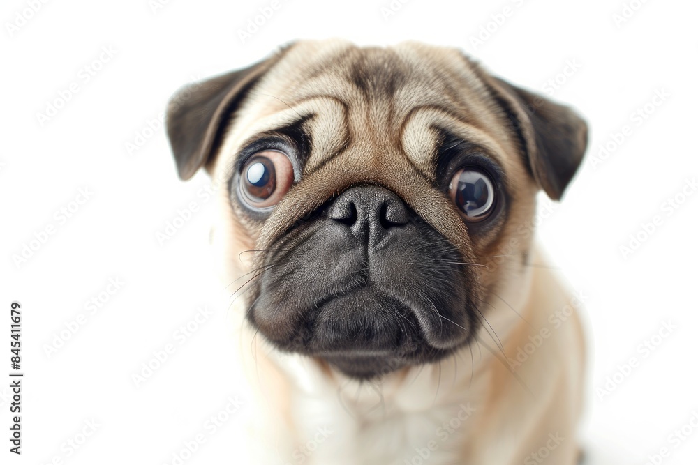 Pug with Squished Nose and Playful Tilt: A Pug with a squished nose and a playful head tilt, showcasing its adorable and comical features. photo on white isolated background