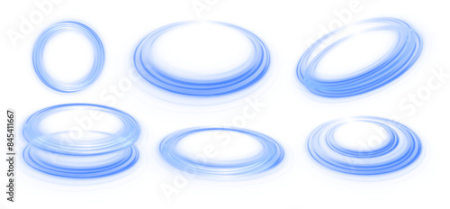 Set of neon blurry light circles at motion . Vector swirl trail effect. Abstract vector fire circles, sparkling swirls and energy light spiral frames.