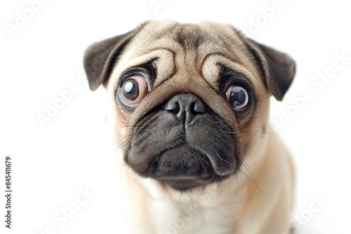 Pug with Squished Nose and Playful Tilt: A Pug with a squished nose and a playful head tilt, showcasing its adorable and comical features. photo on white isolated background photo