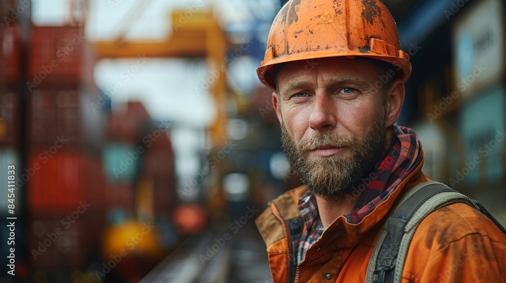 A close-up portrait of a bearded dock worker in an industrial setting evokes themes of labor and resilience A close-up portrait of a bearded dock worker in an industrial setting evokes themes of labor and resilience