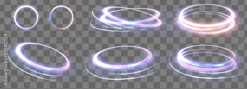 Set of neon blurry light circles at motion . Vector swirl trail effect. Abstract vector fire circles, sparkling swirls and energy light spiral frames.	