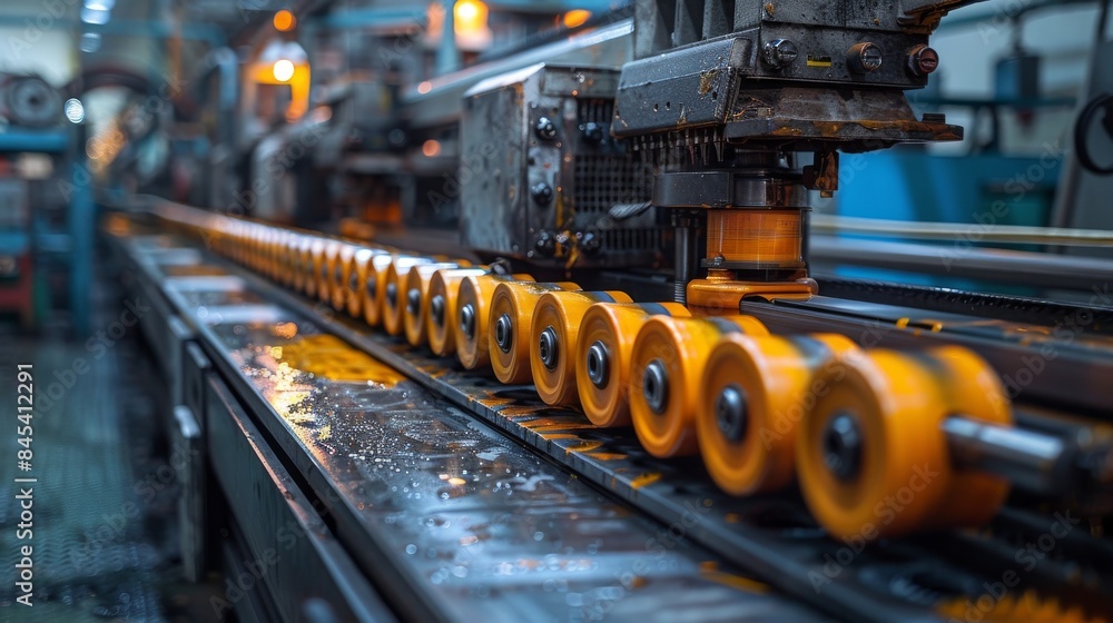 An industrial conveyor belt with yellow rollers, intricate machinery in the background, wetworks present An industrial conveyor belt with yellow rollers, intricate machinery in the background, wetworks present